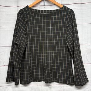 J. Jill Ponte Knit Windowpane Grid Top Black Tan Button Sleeve Petite Medium